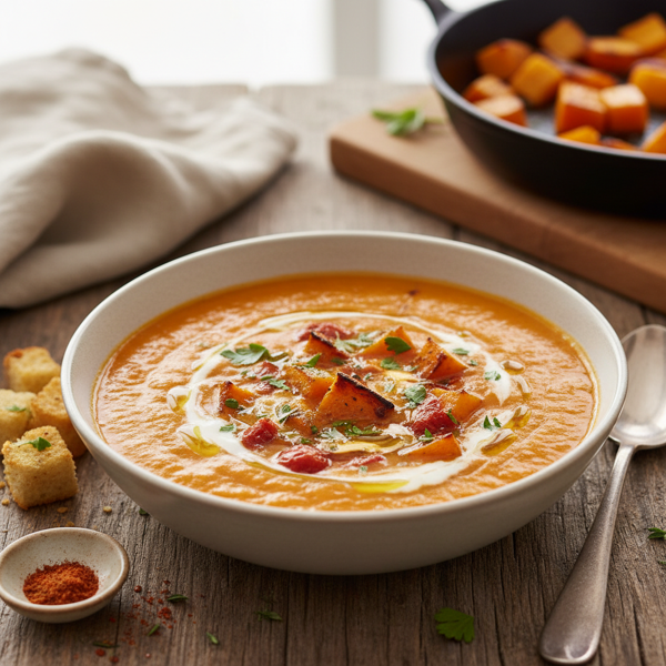 Savory Roasted Butternut Squash and Fire-Roasted Tomato Soup recipe
