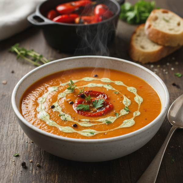Savory Roasted Red Pepper Bisque with Herbed Cream recipe