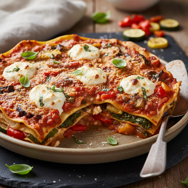 Savory Roasted Vegetable and Spinach Lasagne with Creamy Ricotta recipe