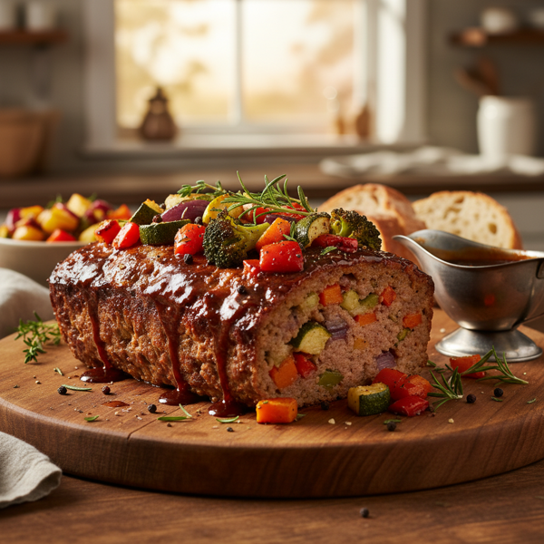 Savory Roasted Veggie Balsamic Glazed Meatloaf recipe