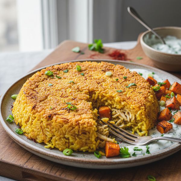 Savory Saffron Chicken Rice Cake with Sweet Potato recipe