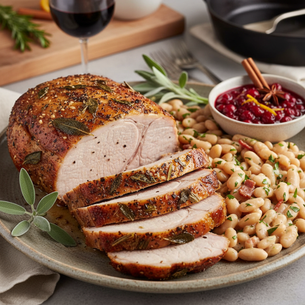 Savory Sage Pork Roast with Creamy White Beans and Cranberry Bliss recipe