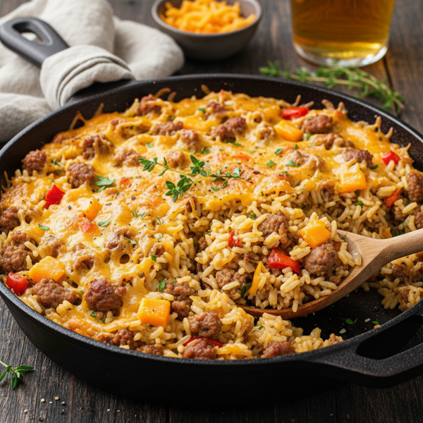 Savory Sausage & Cheddar Rice Skillet recipe