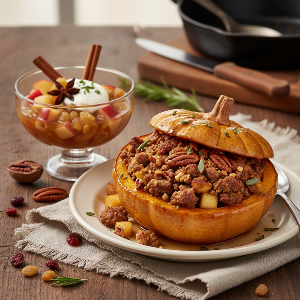 Savory Sausage & Pecan-Stuffed Acorn Squash with Apple Delight recipe