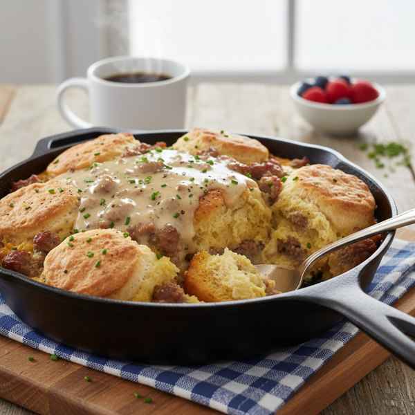 Savory Sausage and Biscuit Casserole with Homemade Gravy recipe