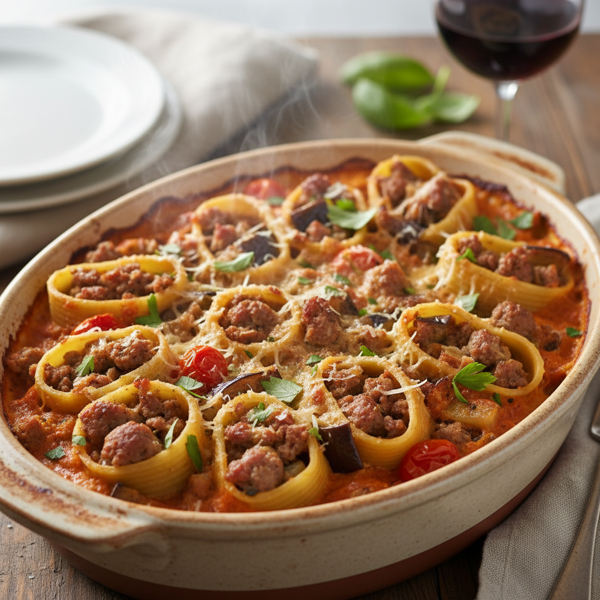 Savory Sausage and Eggplant-Stuffed Pasta in Tomato-Basil Cream Sauce recipe