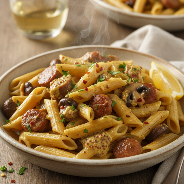 Savory Sausage and Mushroom Penne in Zesty Mustard Cream Sauce recipe
