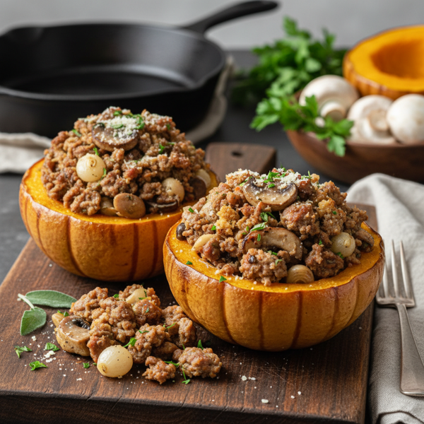 Savory Sausage and Mushroom Stuffed Acorn Squash recipe