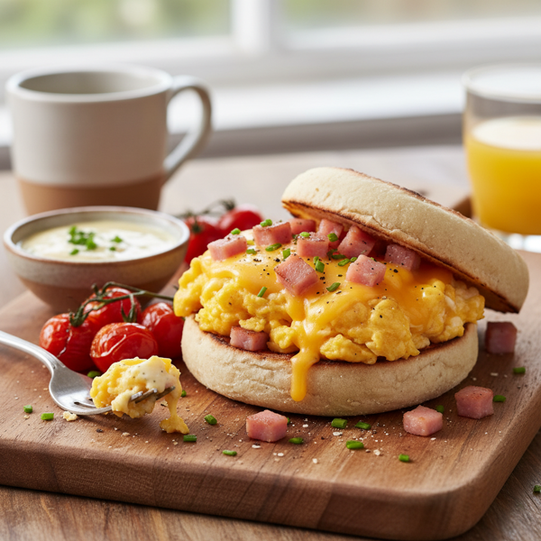 Savory Scrambled Egg and Ham English Muffin Delight recipe