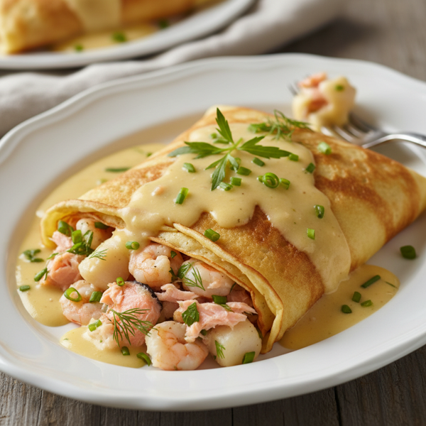 Savory Seafood Herb Crepes with Creamy Mornay Sauce recipe
