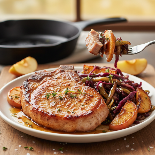Savory Seared Brined Pork with Apples and Cabbage recipe