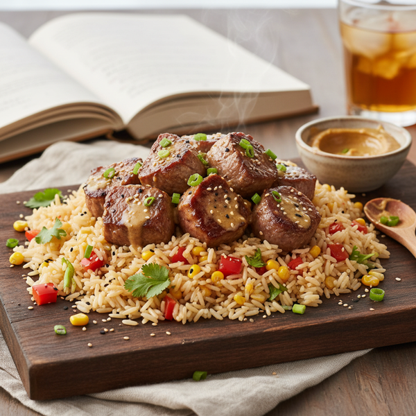 Savory Seared Sirloin Steak Bites with Miso Butter and Flavorful Rice recipe
