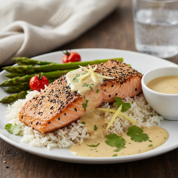 Savory Sesame-Crusted Wild Salmon with Coconut Ginger Sauce recipe