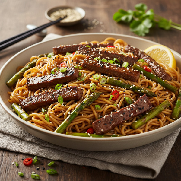 Savory Sesame Beef and Asparagus Noodle Bowl recipe