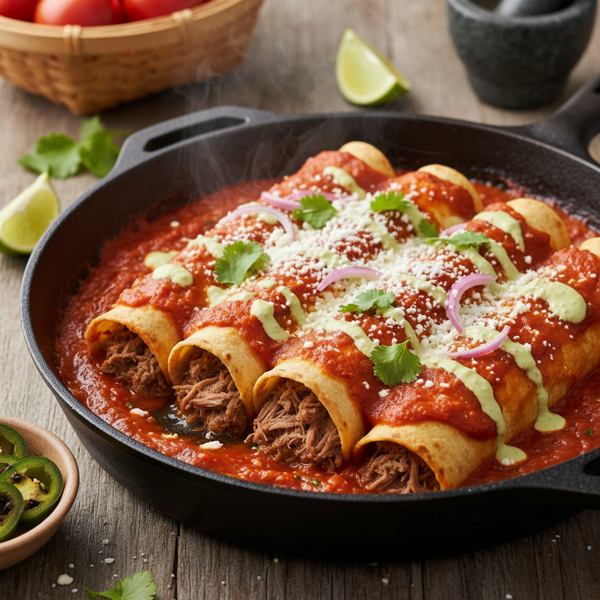 Savory Shredded Beef Enchiladas with Spicy Tomato Sauce recipe