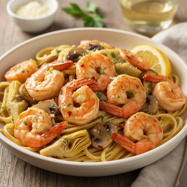 Savory Shrimp Scampi with Mushrooms and Artichokes recipe