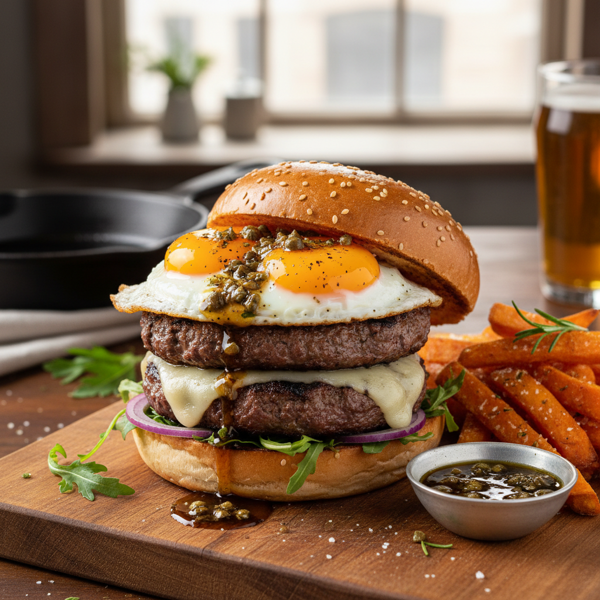 Savory Sirloin Burgers with Sunny-Side Eggs and Anchovy Drizzle recipe