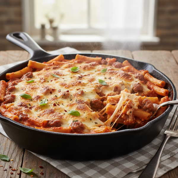 Savory Skillet Baked Ziti with Creamy Tomato Sauce recipe