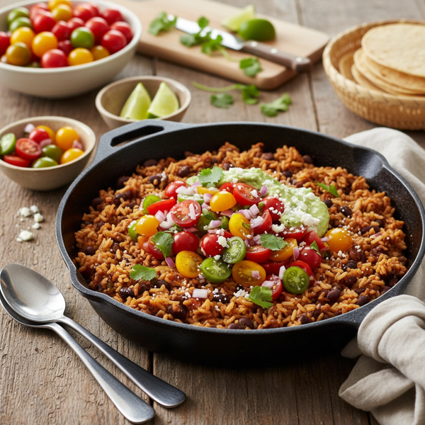 Savory Skillet Brown Rice and Beans with Fresh Heirloom Tomato Salsa recipe
