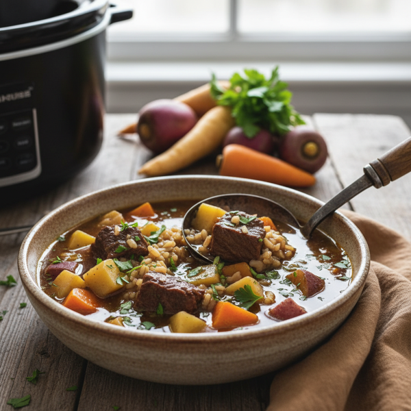 Savory Slow Cooker Beef, Barley, and Root Vegetable Soup recipe