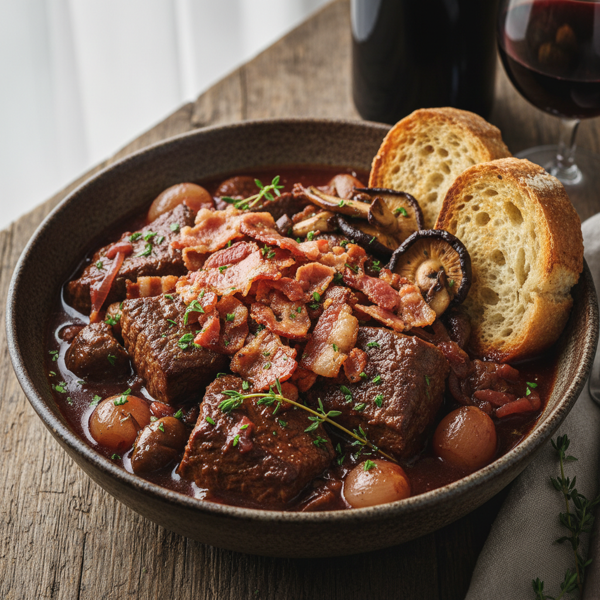 Savory Slow Cooker Beef Burgundy with Bacon and Mushrooms recipe