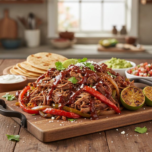 Savory Slow Cooker Pulled-Pork (or Beef) Fajitas with BBQ Sauce recipe