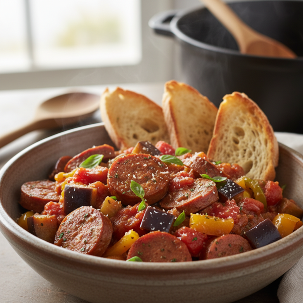 Savory Slow Cooker Sausage, Eggplant & Tomato Medley recipe