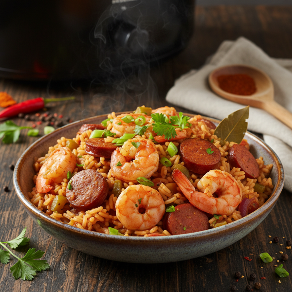 Savory Slow Cooker Shrimp and Sausage Jambalaya recipe