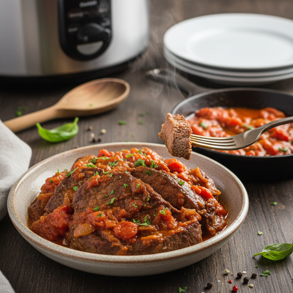 Savory Slow Cooker Swiss Steak with Fire-Roasted Tomatoes recipe
