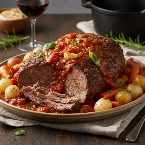 Savory Slow Cooker Tomato-Braised Pot Roast recipe