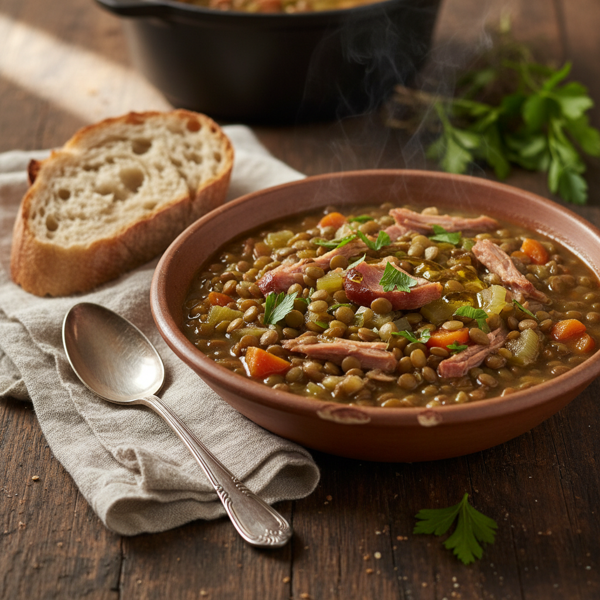 Savory Smoked Ham Hock and Green Lentil Stew recipe