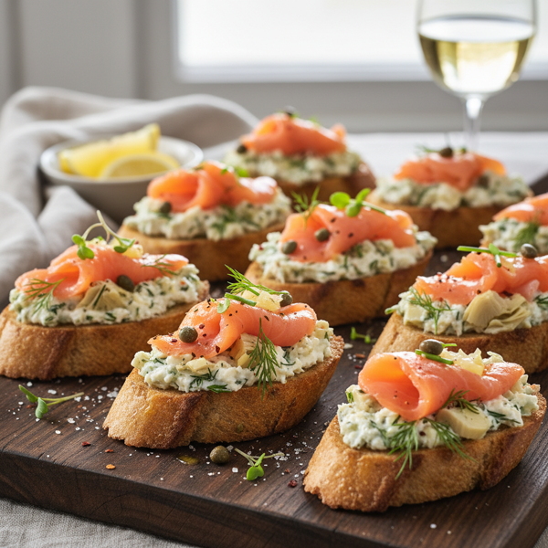 Savory Smoked Salmon and Artichoke Goat Cheese Crostini recipe