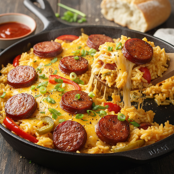 Savory Smoked Sausage & Cheesy Rice Skillet recipe