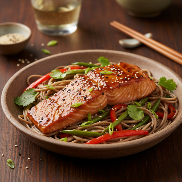 Savory Soy-Glazed Salmon with Soba Noodles and Green Beans recipe