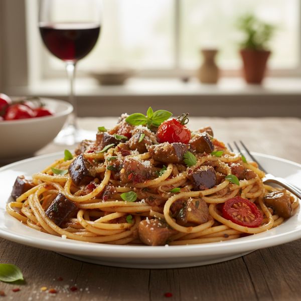 Savory Spaghetti with Herb-Infused Eggplant Sauce recipe