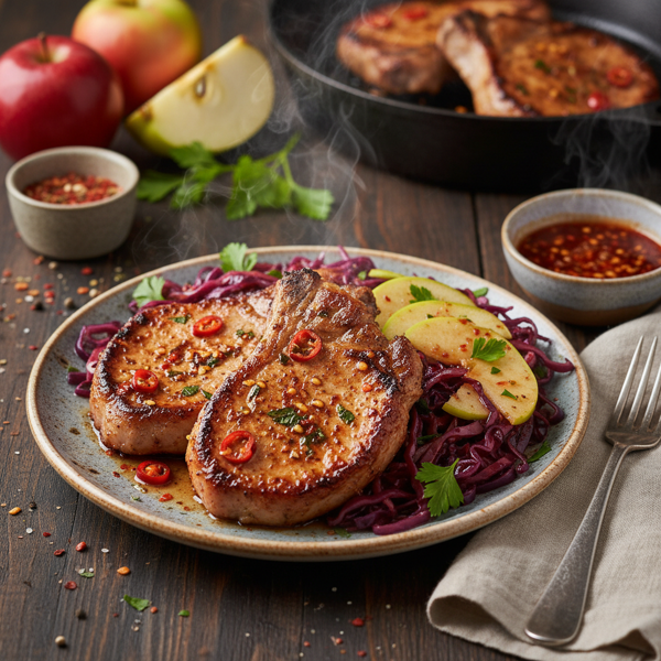 Savory Spicy Pork Chops with Sweet Cabbage and Apples recipe