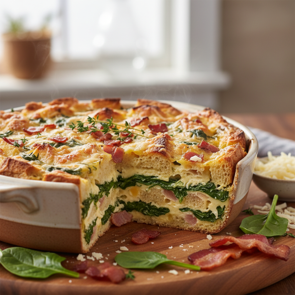 Savory Spinach, Bacon, and Cheesy Strata recipe