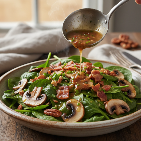 Savory Spinach and Mushroom Salad with Crispy Bacon Dressing recipe
