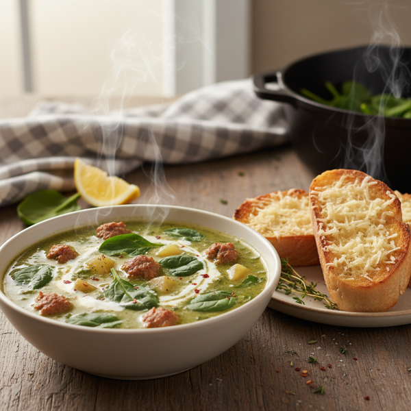 Savory Spinach and Turkey Sausage Soup with Parmesan Toasts recipe