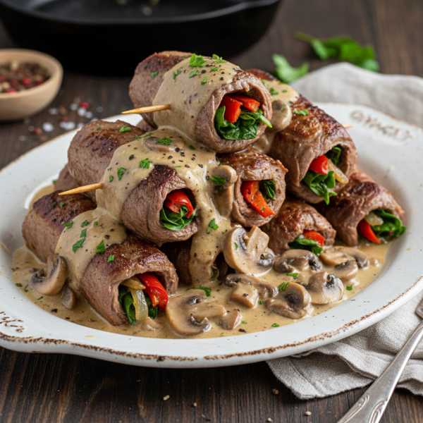Savory Steak Roll-Ups with Mushroom Gravy recipe
