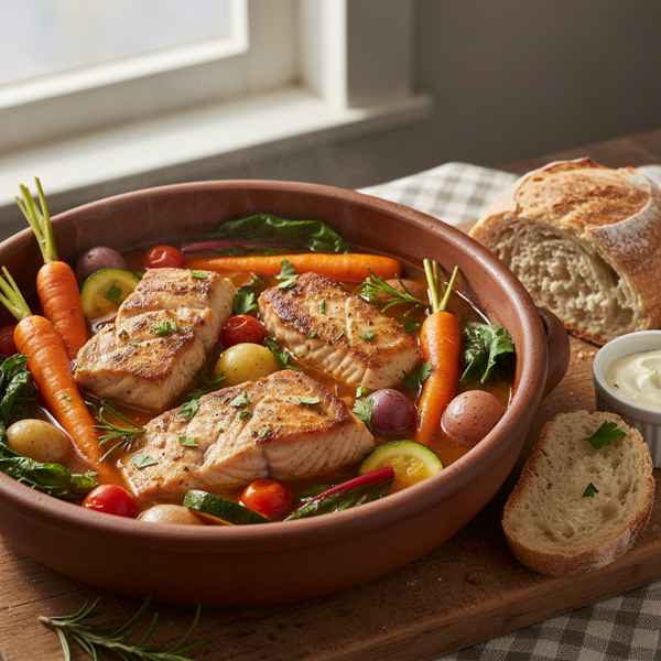 Savory Stewed Swordfish with Garden Vegetables recipe