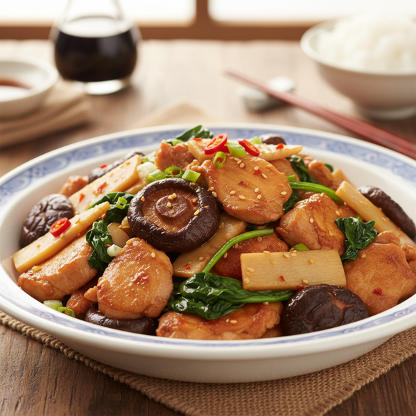 Savory Stir-Fried Chicken with Shiitake Mushrooms, Bamboo Shoots, and Spinach recipe