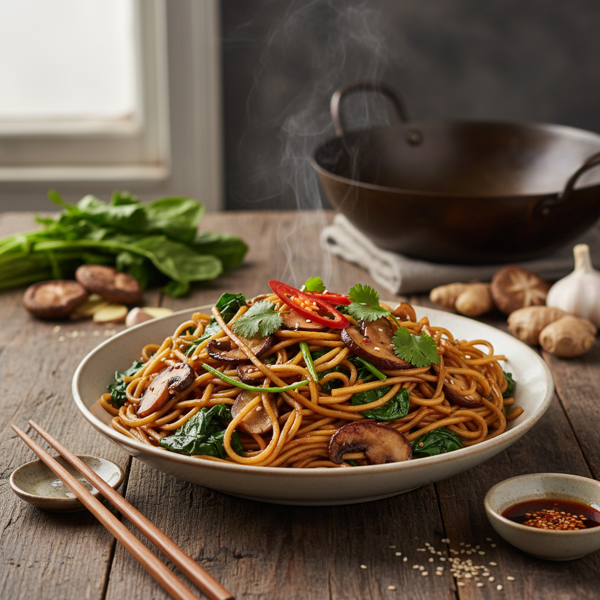 Savory Stir-Fried Chinese Egg Noodles with Spinach and Mushrooms recipe