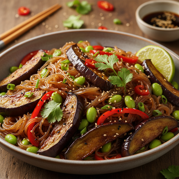 Savory Stir-Fried Eggplant and Edamame Noodle Bowl recipe