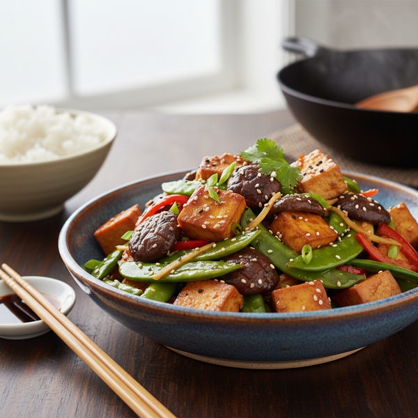 Savory Stir-Fried Tofu with Shiitake Mushrooms and Crisp Sugar Snap Peas recipe