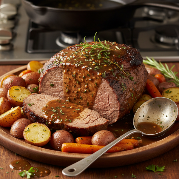 Savory Stove Top Sirloin Tip Roast with Herb-Infused Gravy, Potatoes, and Carrots recipe