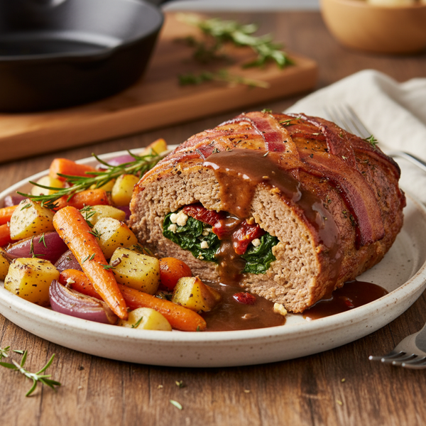 Savory Stuffed Meatloaf with Roasted Veggies recipe
