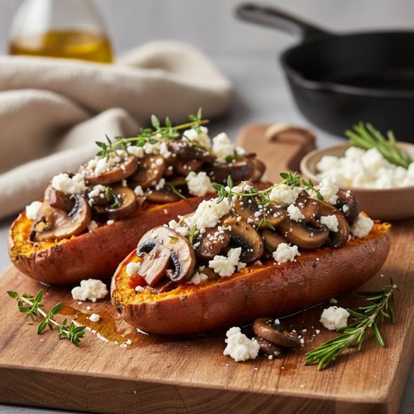 Savory Stuffed Sweet Potatoes with Mushrooms and Feta recipe