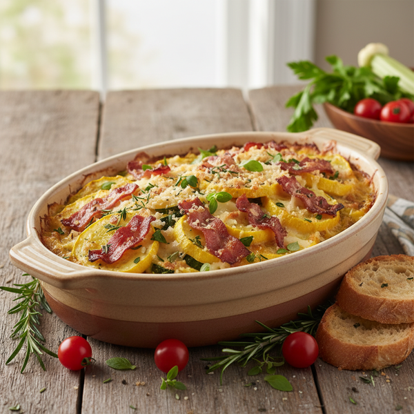 Savory Summer Squash Casserole with Turkey Bacon recipe