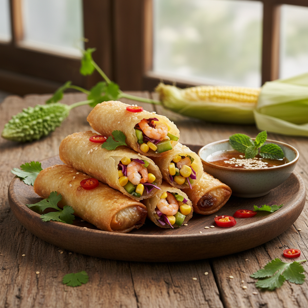 Savory Sweet Corn & Bitter Melon Spring Rolls recipe